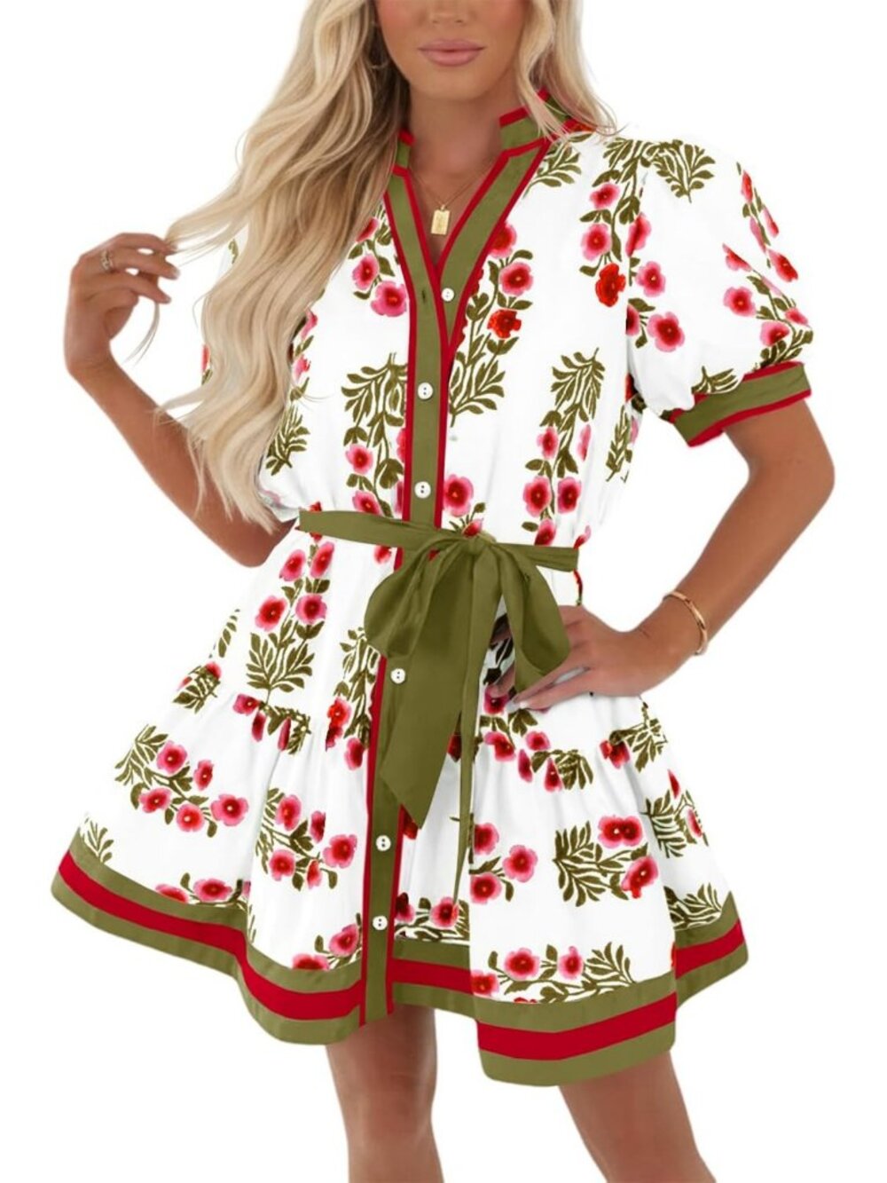 Floral Mini Dress for Women - Summer Puff Sleeve V-Neck Boho Style Dress